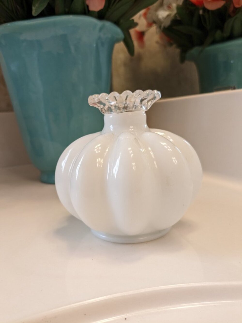 Vintage Fenton Silver Crest Ruffle Melon Vase White Milk Glass